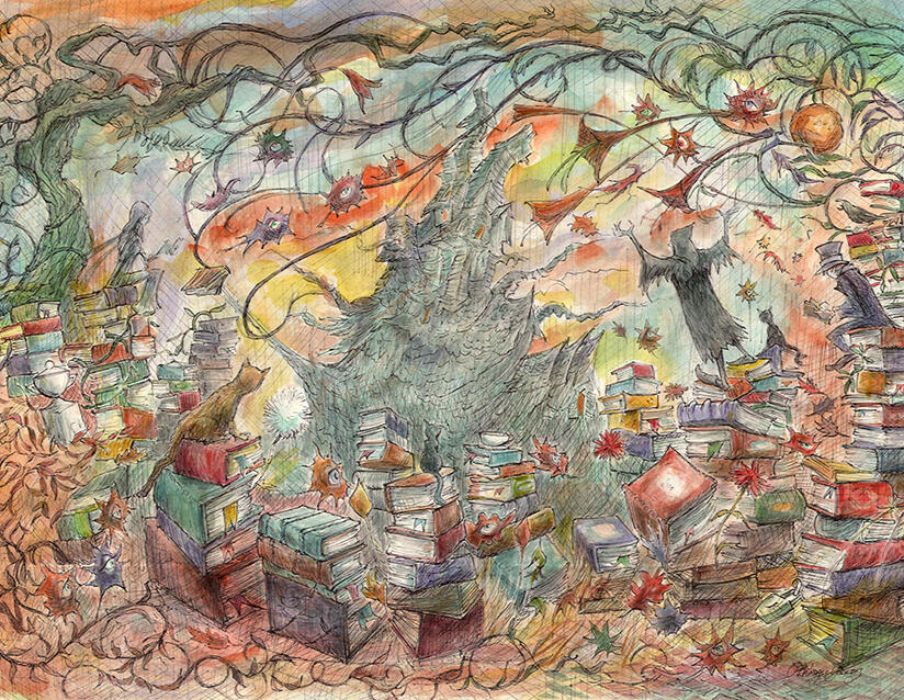 Lair of the Last Know It All, Watercolor, JOhn Randall York